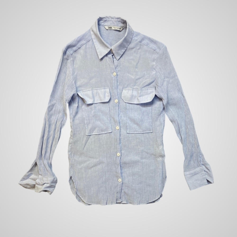 Zara Womens Light Blue Textured Button Up Shirt Long Sleeve Chest Pockets Small